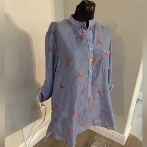 Blue and white striped lobster print swim cover up